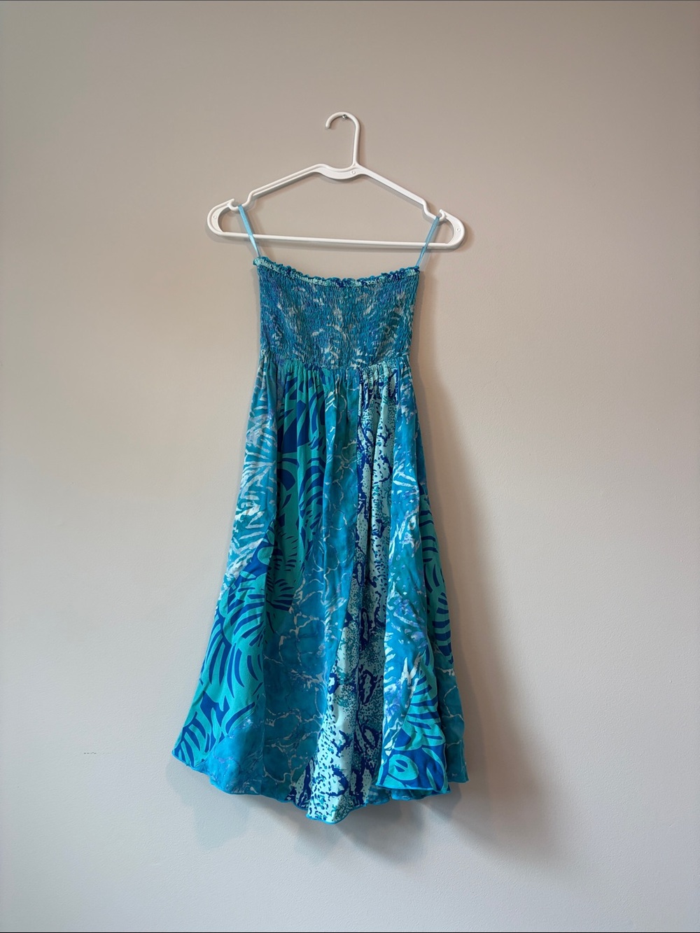 Girls Teal Tropical Print Sundress with Smocked Bodice
